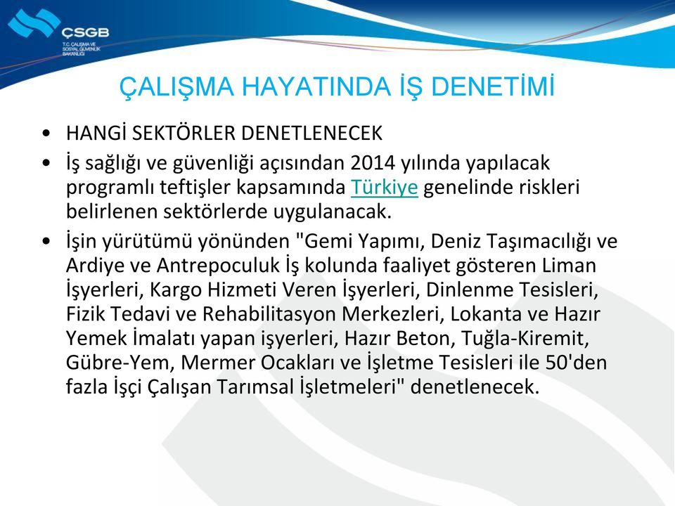 İşin yürütümü yönünden "Gemi Yapımı, Deniz Taşımacılığı ve Ardiye ve Antrepoculuk İş kolunda faaliyet gösteren Liman İşyerleri, Kargo Hizmeti Veren