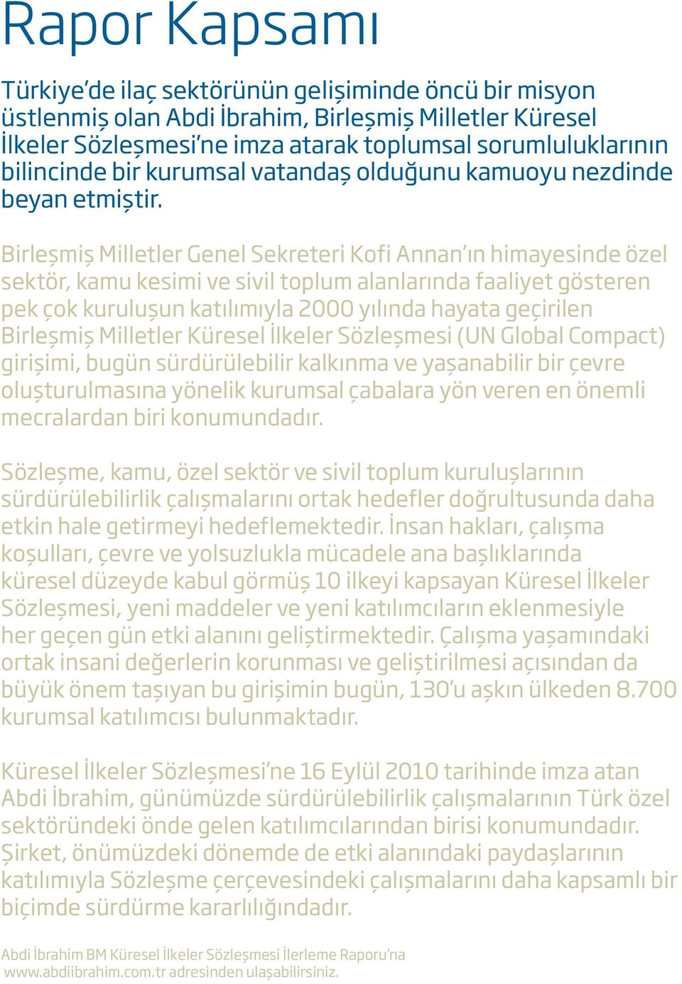 Birleşmiş Milletler Genel Sekreteri Kofi Annan ın himayesinde özel sektör, kamu kesimi ve sivil toplum alanlarında faaliyet gösteren pek çok kuruluşun katılımıyla 2000 yılında hayata geçirilen