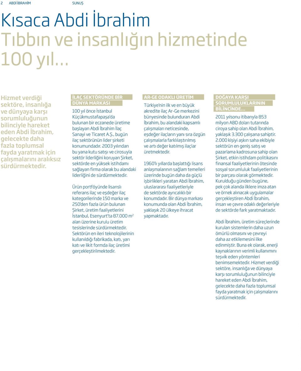 İlaç Sektöründe Bir Dünya Markası 100 yıl önce İstanbul Küçükmustafapaşa da bulunan bir eczanede üretime başlayan Abdi İbrahim İlaç Sanayi ve Ticaret A.Ş.