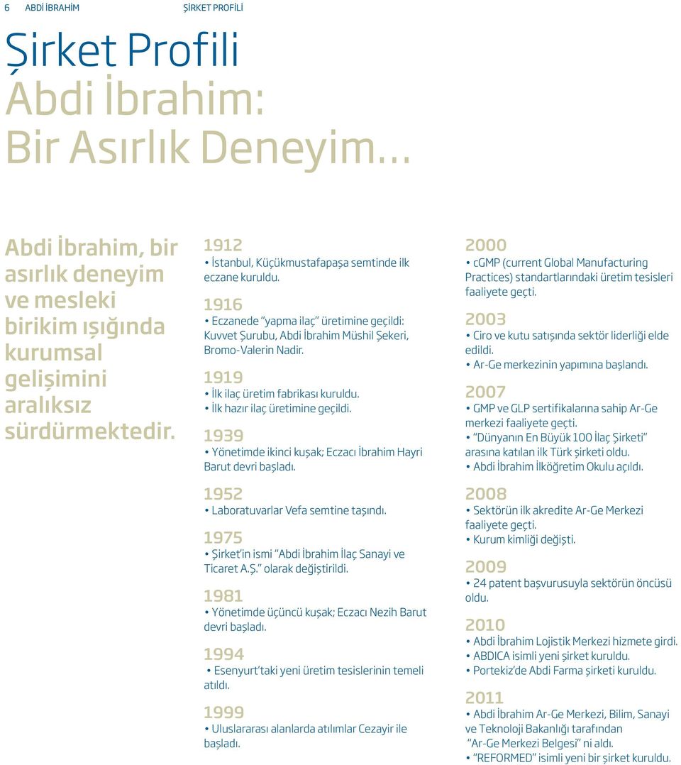 1919 İlk ilaç üretim fabrikası kuruldu. İlk hazır ilaç üretimine geçildi. 1939 Yönetimde ikinci kuşak; Eczacı İbrahim Hayri Barut devri başladı. 1952 Laboratuvarlar Vefa semtine taşındı.