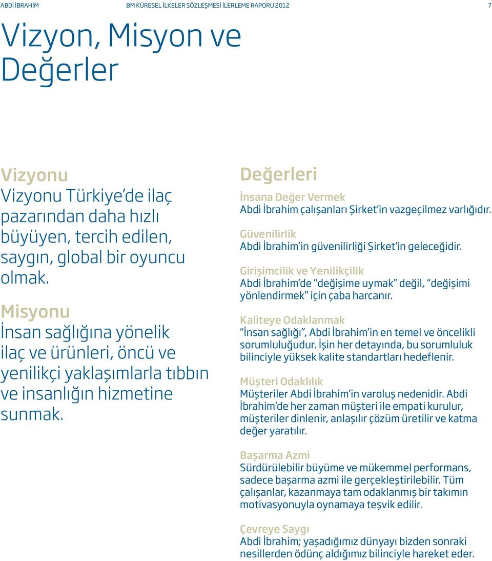 Değerleri İnsana Değer Vermek Abdi İbrahim çalışanları Şirket in vazgeçilmez varlığıdır. Güvenilirlik Abdi İbrahim in güvenilirliği Şirket in geleceğidir.