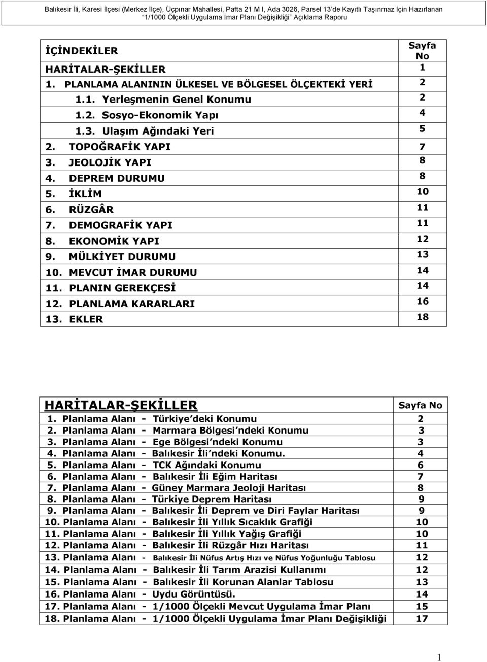 PLANLAMA KARARLARI 16 13. EKLER 18 HARİTALAR-ŞEKİLLER Sayfa No 1. Planlama Alanı - Türkiye deki Konumu 2 2. Planlama Alanı - Marmara Bölgesi ndeki Konumu 3 3.