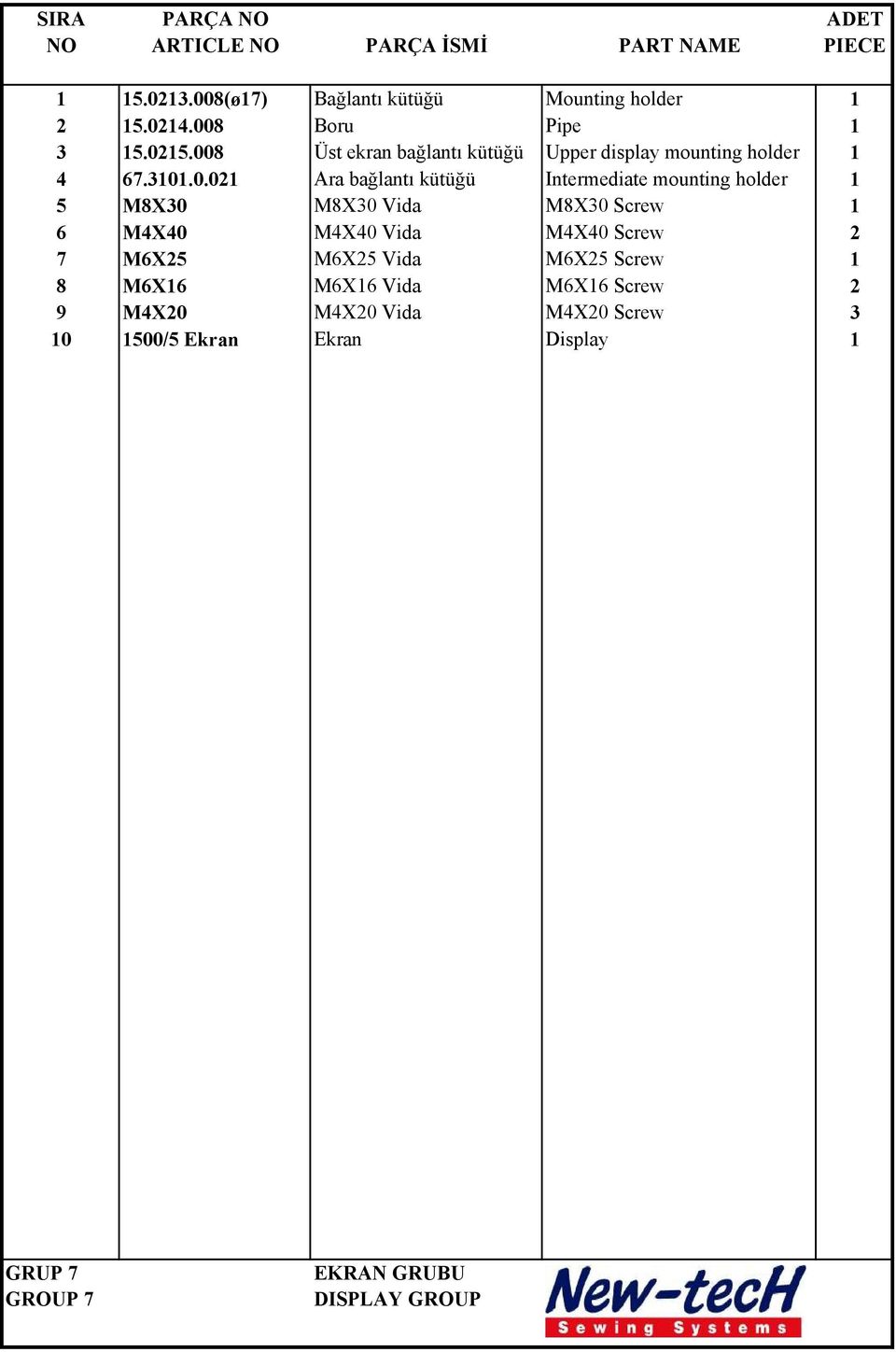 Intermediate mounting holder 1 5 M8X30 M8X30 Vida M8X30 Screw 1 6 M4X40 M4X40 Vida M4X40 Screw 2 7 M6X25 M6X25 Vida M6X25 Screw