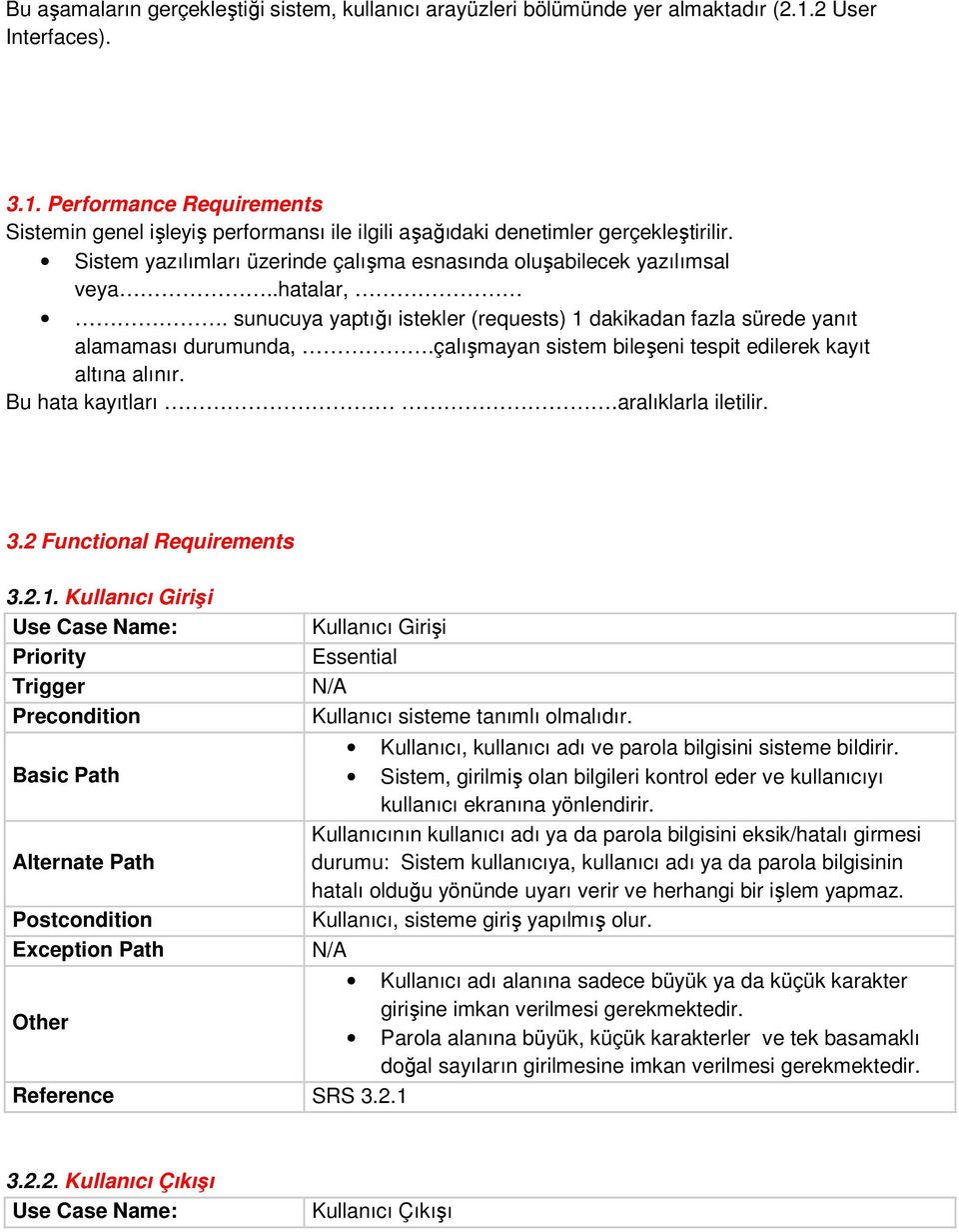 çalışmayan sistem bileşeni tespit edilerek kayıt altına alınır. Bu hata kayıtları.aralıklarla iletilir. 3.2 Functional Requirements 3.2.1.