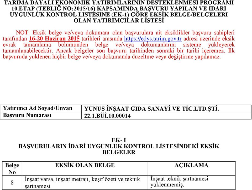 başvurulara ait eksiklikler başvuru sahipleri tarafından 16-20 Haziran 2015 tarihleri arasında https://edys.tarim.gov.