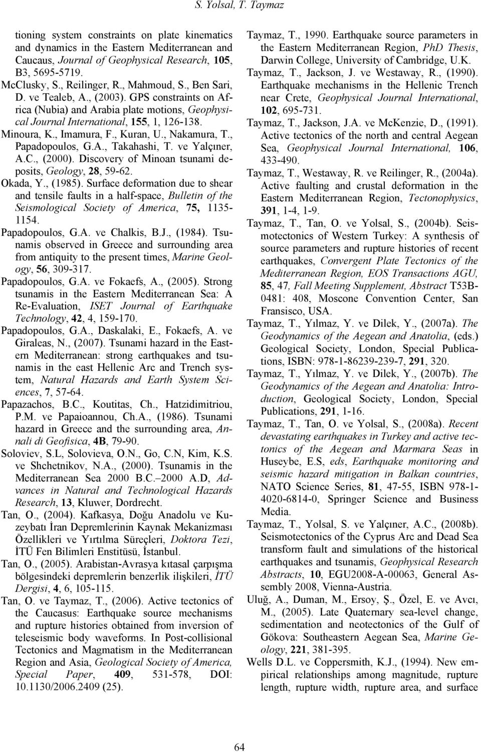 , Imamura, F., Kuran, U., Nakamura, T., Papadopoulos, G.A., Takahashi, T. ve Yalçıner, A.C., (2000). Discovery of Minoan tsunami deposits, Geology, 28, 59-62. Okada, Y., (1985).