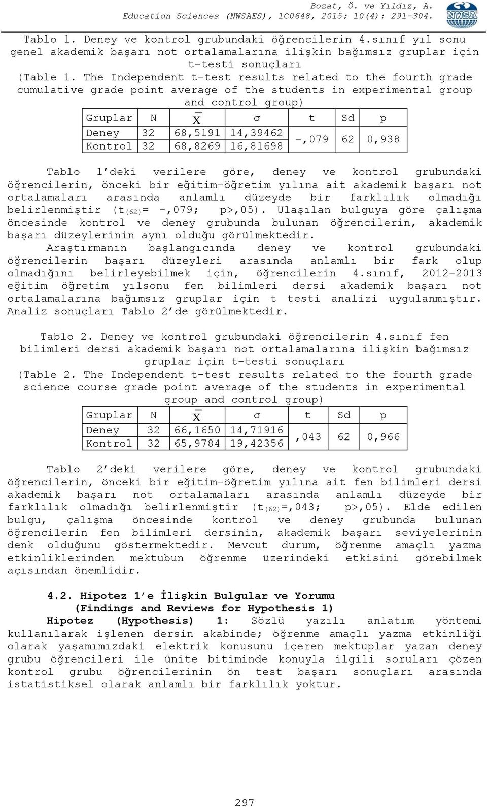 62 0,938 Kontrol 32 68,8269 16,81698 Tablo 1 deki verilere göre, deney ve kontrol grubundaki öğrencilerin, önceki bir eğitim-öğretim yılına ait akademik başarı not ortalamaları arasında anlamlı