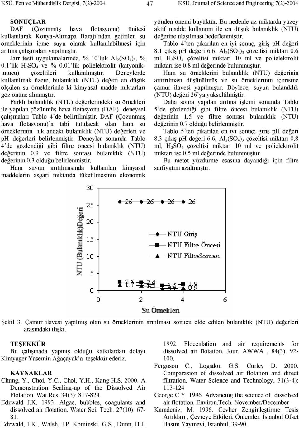 arıtma çalışmaları yapılmıştır. Jarr testi uygulamalarında, % 10 luk Al 2 (SO 4 ) 3, % 0.1 lik H 2 SO 4 ve % 0.01 lik polielektrolit (katyoniktutucu) çözeltileri kullanılmıştır.