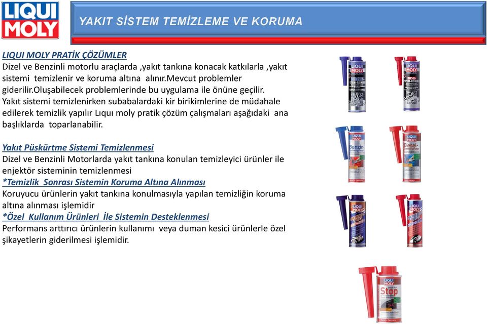 Yakıt sistemi temizlenirken subabalardaki kir birikimlerine de müdahale edilerek temizlik yapılır Lıquı moly pratik çözüm çalışmaları aşağıdaki ana başlıklarda toparlanabilir.