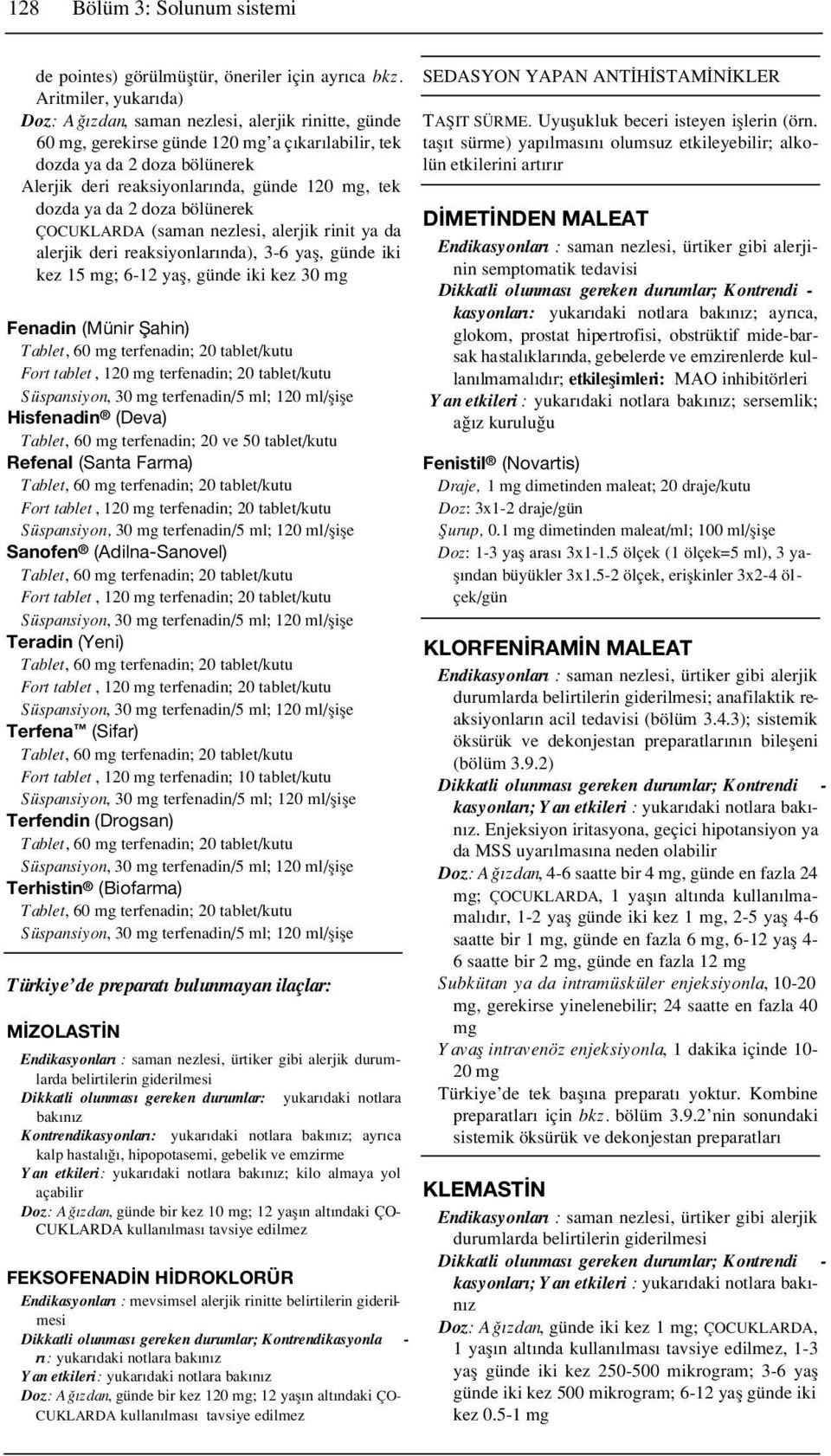 tek dozda ya da 2 doza bölünerek ÇOCUKLARDA (saman nezlesi, alerjik rinit ya da alerjik deri reaksiyonlar nda), 3-6 yafl, günde iki kez 15 mg; 6-12 yafl, günde iki kez 30 mg Fenadin (Münir fiahin)