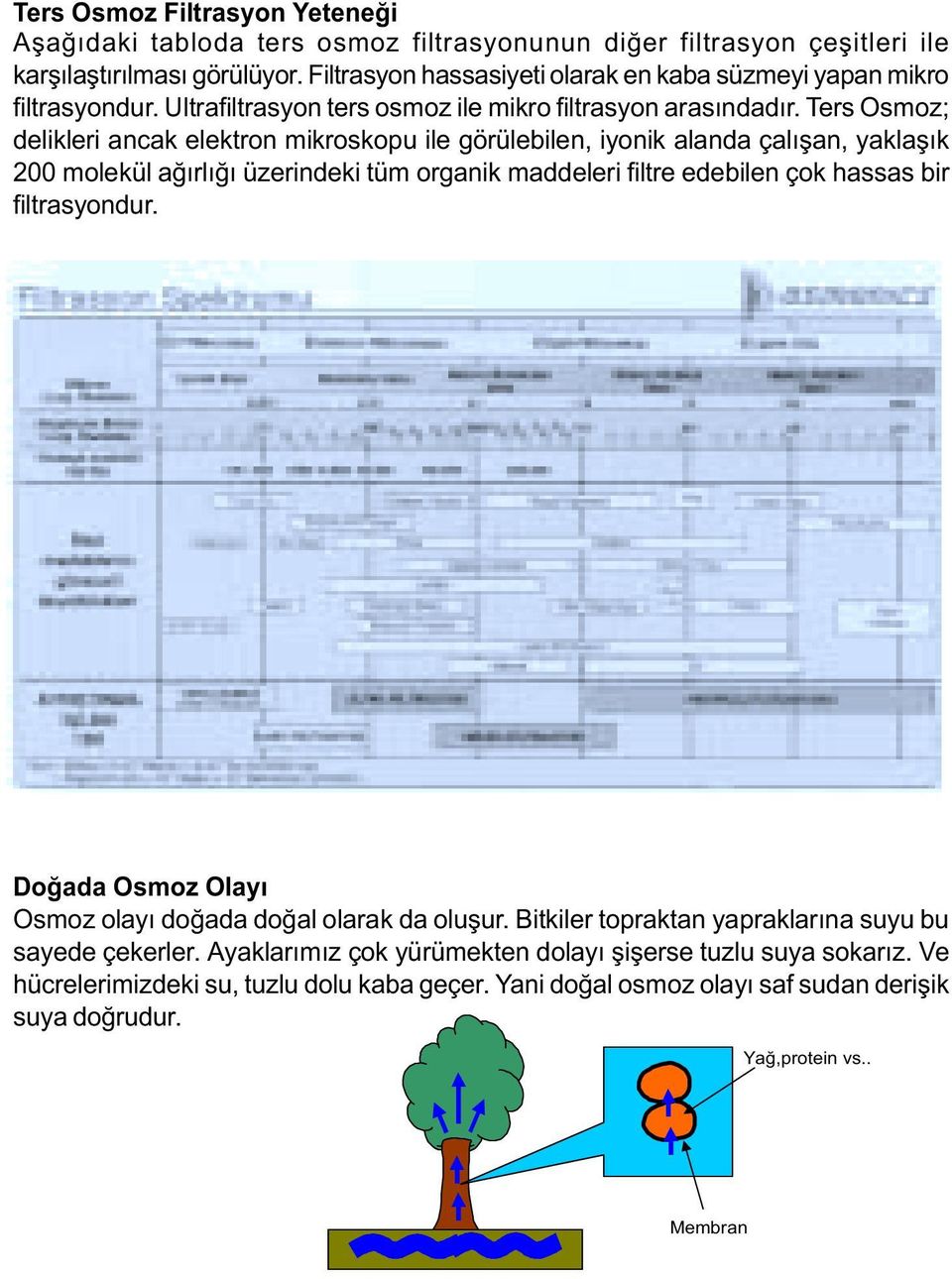 Ters Osmoz; delikleri ancak elektron mikroskopu ile görülebilen, iyonik alanda çalýþan, yaklaþýk 200 molekül aðýrlýðý üzerindeki tüm organik maddeleri filtre edebilen çok hassas bir