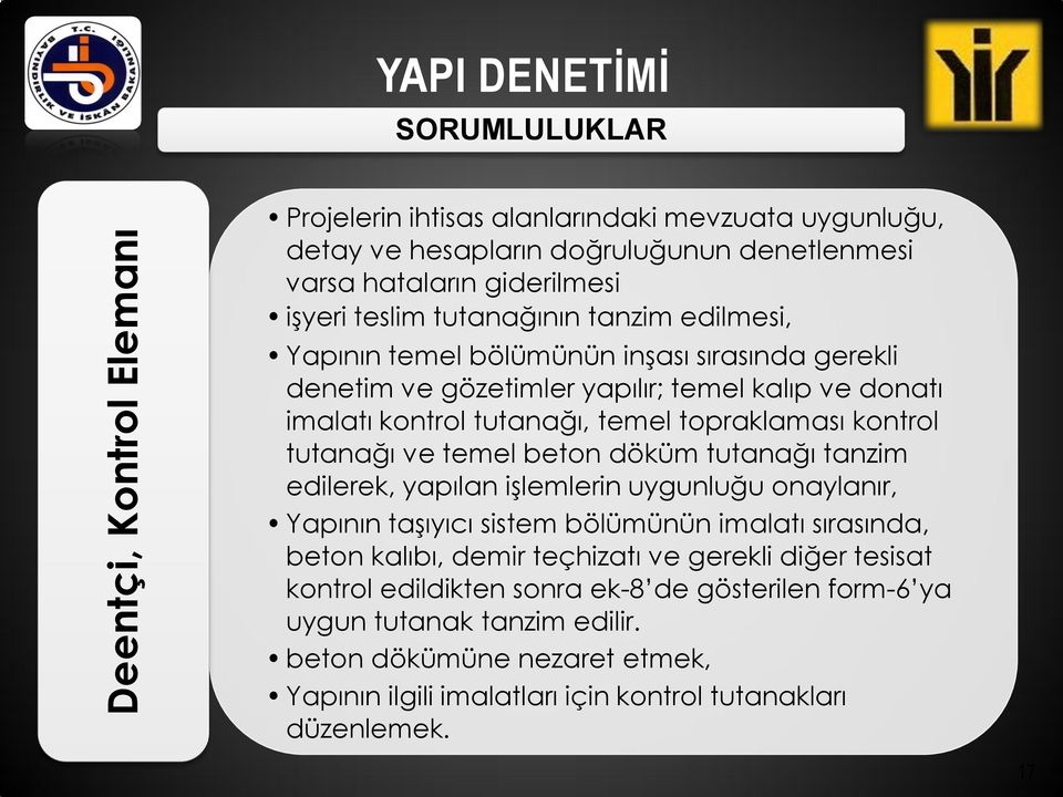 kontrol tutanağı ve temel beton döküm tutanağı tanzim edilerek, yapılan işlemlerin uygunluğu onaylanır, Yapının taşıyıcı sistem bölümünün imalatı sırasında, beton kalıbı, demir teçhizatı ve