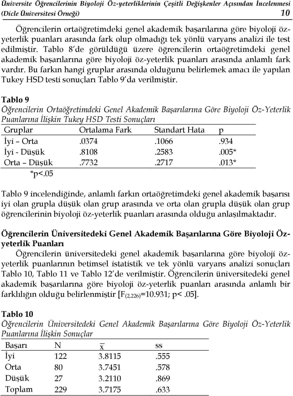 Tablo 8 de görüldüğü üzere öğrencilerin ortaöğretimdeki genel akademik başarılarına göre biyoloji öz-yeterlik puanları arasında anlamlı fark vardır.