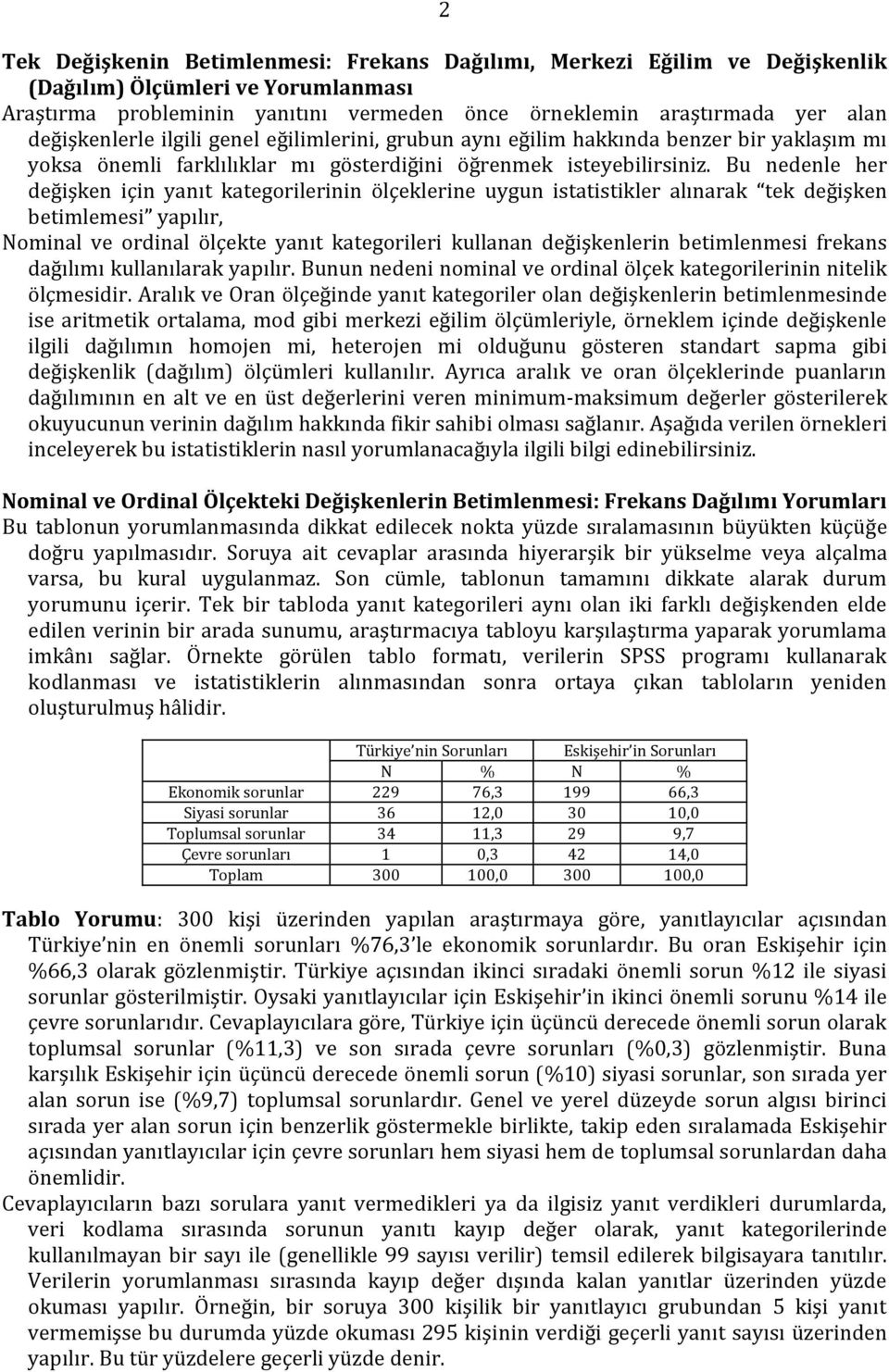 Bu nedenle her değişken için yanıt kategorilerinin ölçeklerine uygun istatistikler alınarak tek değişken betimlemesi yapılır, Nominal ve ordinal ölçekte yanıt kategorileri kullanan değişkenlerin