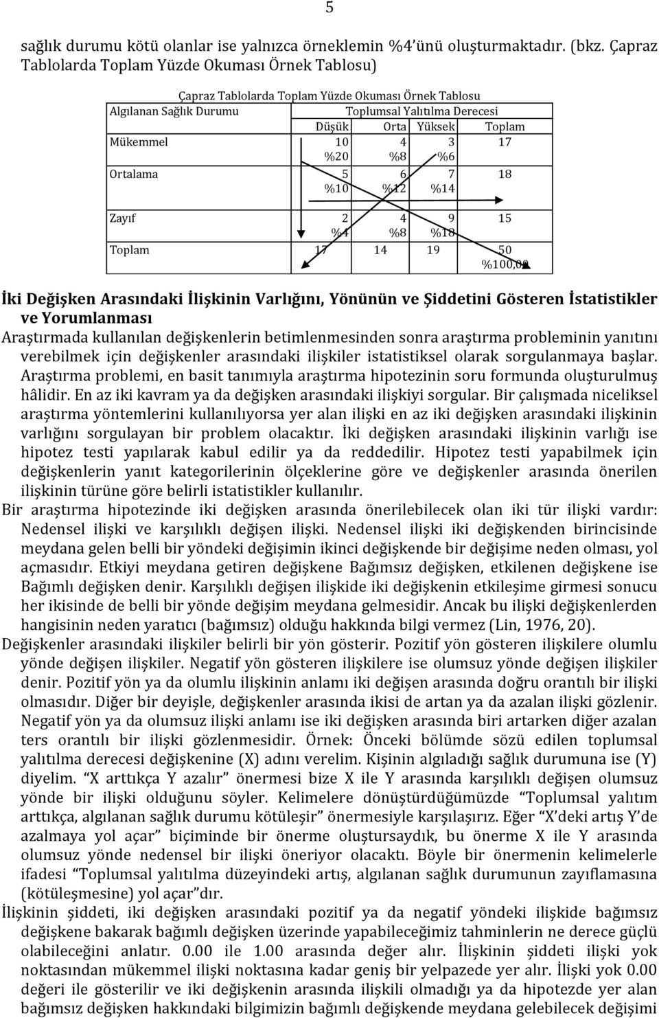 8 3 6 17 Ortalama 5 10 Zayıf 2 6 12 8 7 1 9 18 Toplam 17 1 19 50 100,00 İki Değişken Arasındaki İlişkinin Varlığını, Yönünün ve Şiddetini Gösteren İstatistikler ve Yorumlanması Araştırmada kullanılan