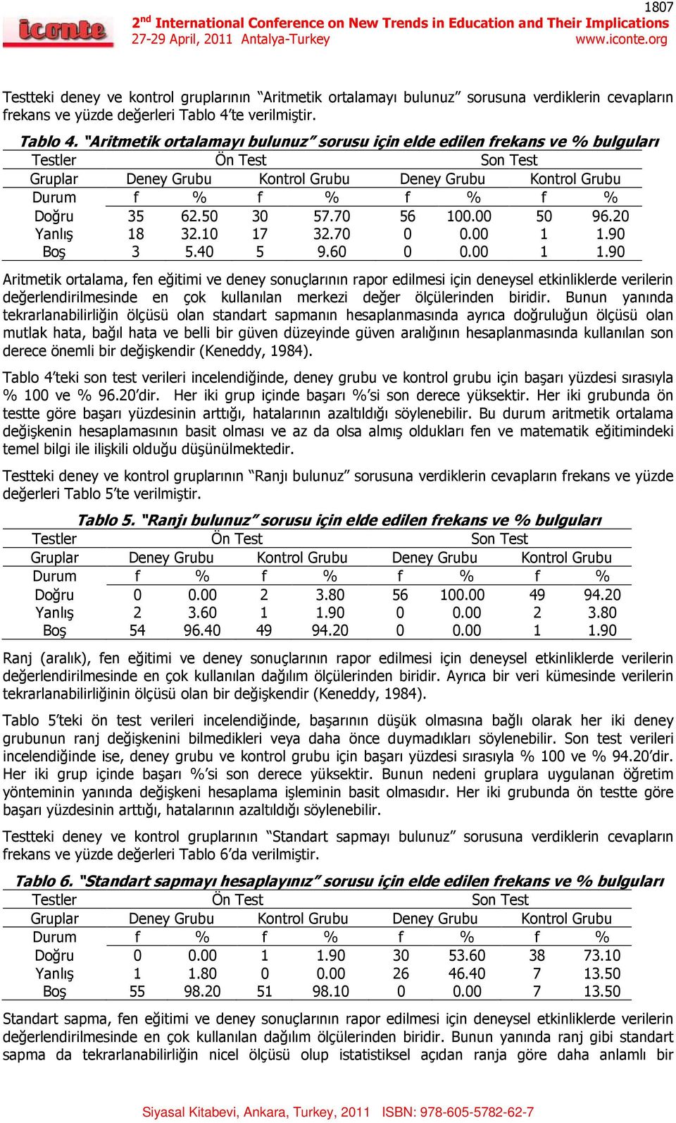 60 0 0.00 1 1.90 Aritmetik ortalama, fen eğitimi ve deney sonuçlarının rapor edilmesi için deneysel etkinliklerde verilerin değerlendirilmesinde en çok kullanılan merkezi değer ölçülerinden biridir.