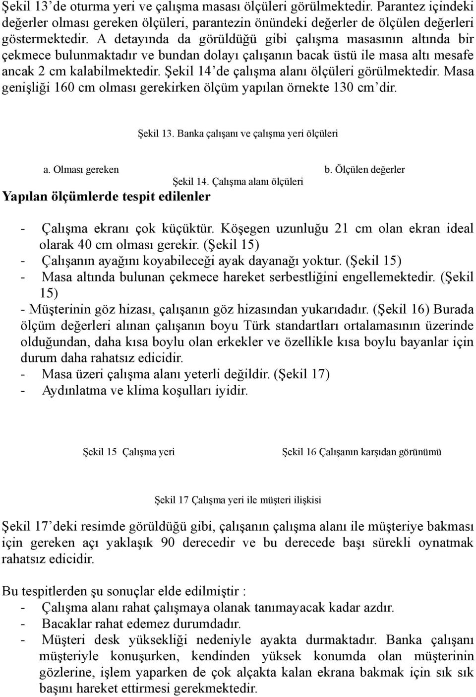 Şekil 14 de çalışma alanı ölçüleri görülmektedir. Masa genişliği 160 cm olması gerekirken ölçüm yapılan örnekte 130 cm dir. Şekil 13. Banka çalışanı ve çalışma yeri ölçüleri a. Olması gereken b.