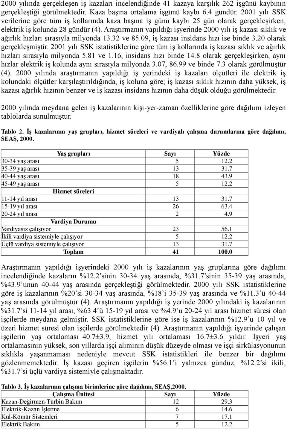 Araştırmanın yapıldığı işyerinde 2000 yılı iş kazası sıklık ve ağırlık hızları sırasıyla milyonda 13.32 ve 85.09, iş kazası insidans hızı ise binde 3.20 olarak gerçekleşmiştir.