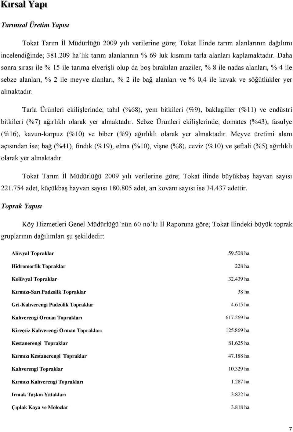 Daha sonra sırası ile % 15 ile tarıma elverişli olup da boş bırakılan araziler, % 8 ile nadas alanları, % 4 ile sebze alanları, % 2 ile meyve alanları, % 2 ile bağ alanları ve % 0,4 ile kavak ve