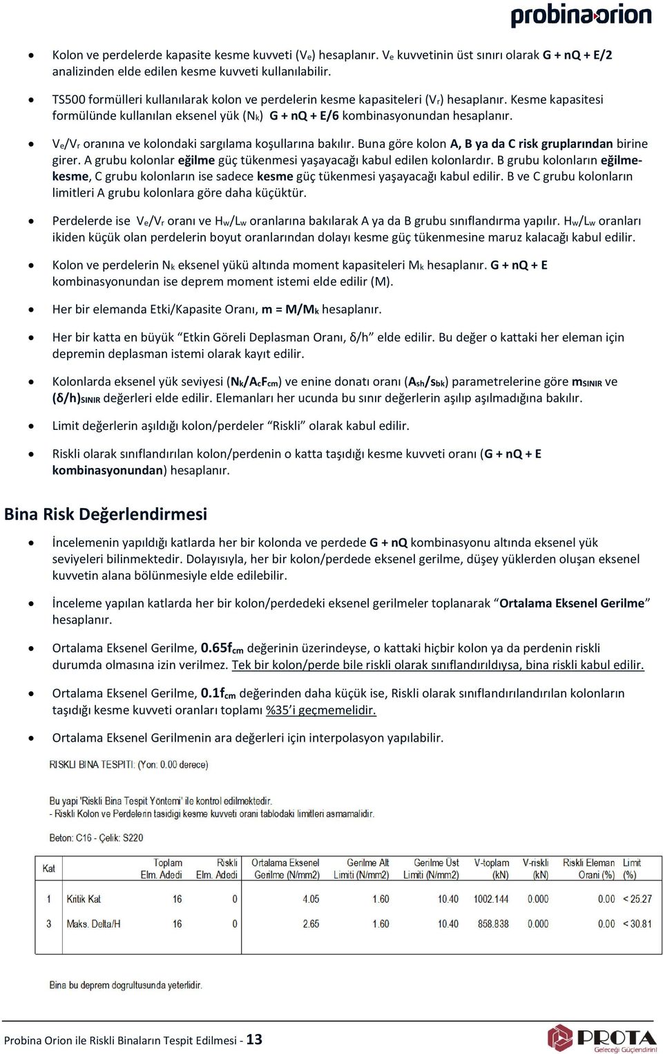 Ve/Vr oranına ve kolondaki sargılama koşullarına bakılır. Buna göre kolon A, B ya da C risk gruplarından birine girer. A grubu kolonlar eğilme güç tükenmesi yaşayacağı kabul edilen kolonlardır.