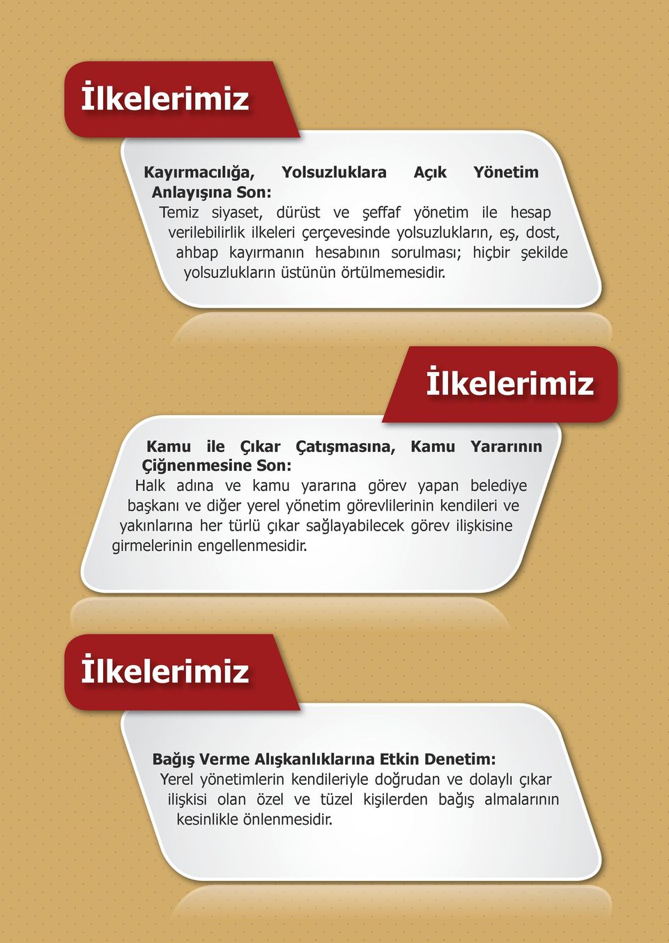 İlkelerimiz Kamu ile Çıkar Çatışmasına, Kamu Yararının Çiğnenmesine Son: Halk adına ve kamu yararına görev yapan belediye başkanı ve diğer yerel yönetim görevlilerinin kendileri ve yakınlarına her