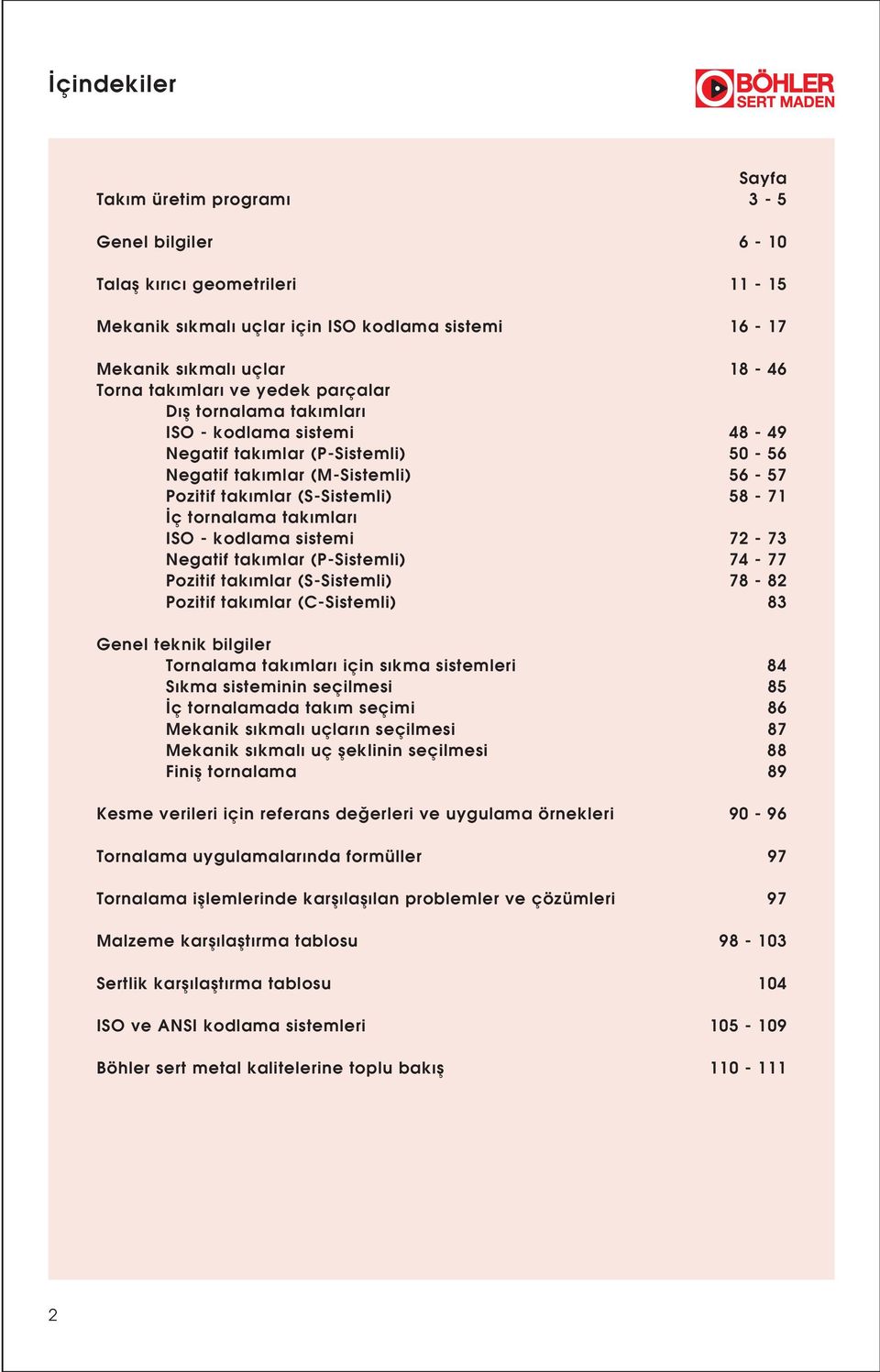 ma (SSistemi) 78 82 Poziti tak ma (CSistemi) 83 Gene teknik bigie Tonaama tak ma için s kma sistemei 84 S kma sisteminin seçimesi 85 ç tonaamada tak m seçimi 86 Mekanik s kma uça n seçimesi 87