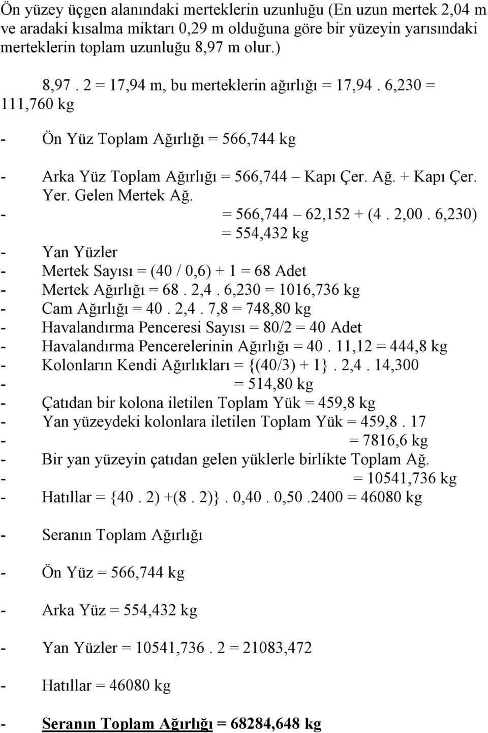 - = 566,744 62,152 + (4. 2,00. 6,230) = 554,432 kg - Yan Yüzler - Mertek Sayısı = (40 / 0,6) + 1 = 68 Adet - Mertek Ağırlığı = 68. 2,4.