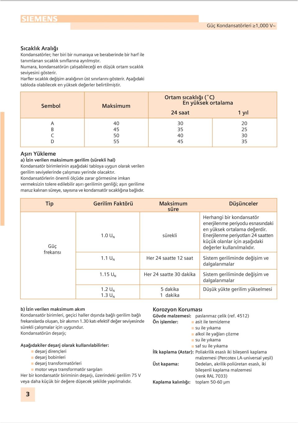 Aşağıdaki tabloda olabilecek en yüksek değerler belirtilmiştir.