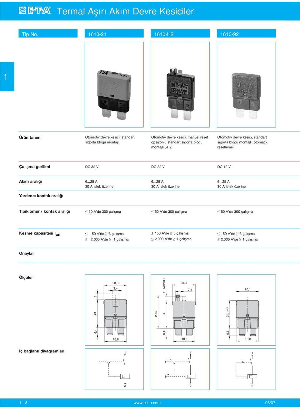 (-H) Otomotiv devre kesici, standart sigorta bloğu montajlı, otomatik resetlemeli DC 3 V DC 3 V DC V 6...5 A 30 A istek üzerine 6.