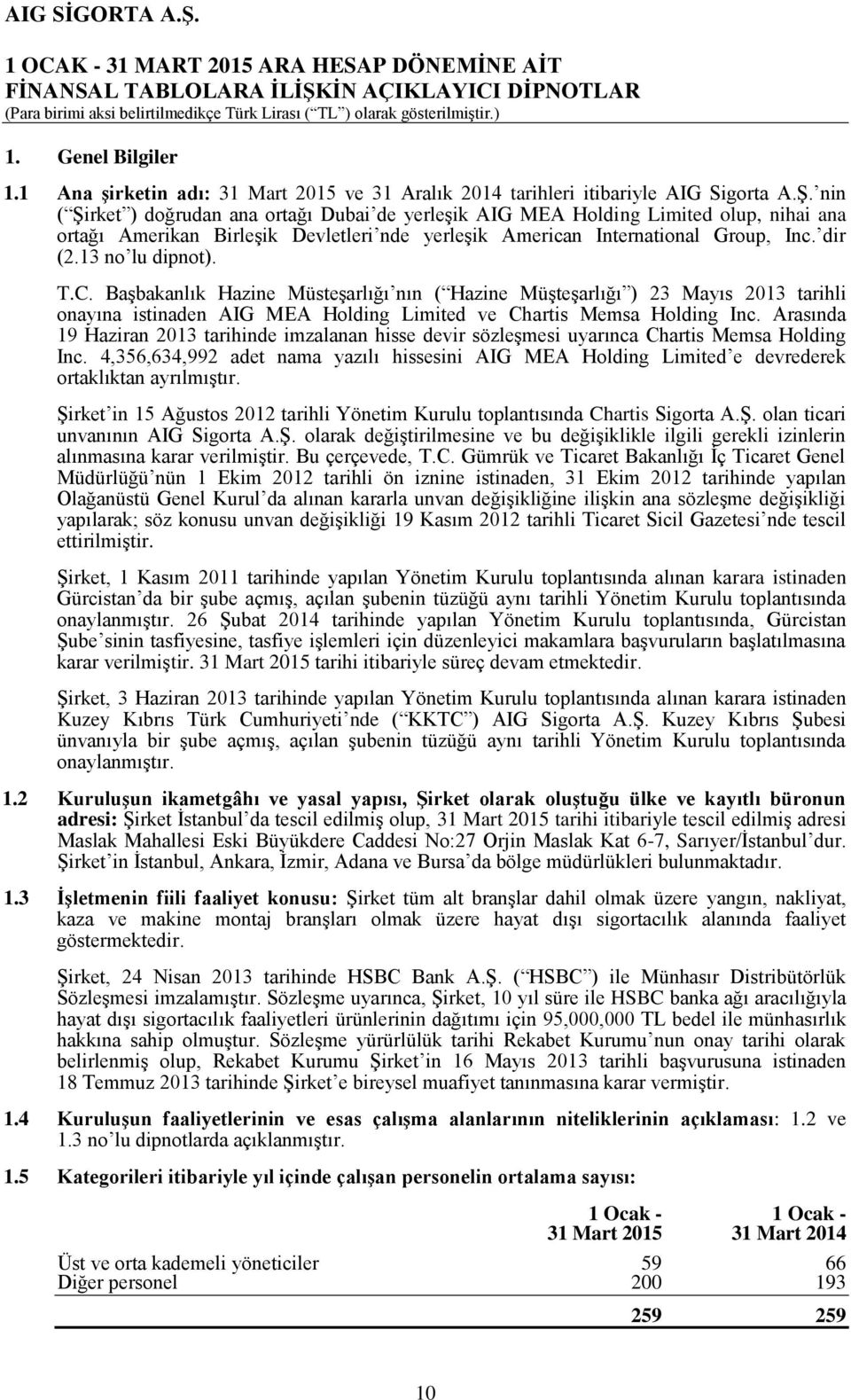 13 no lu dipnot). T.C. Başbakanlık Hazine Müsteşarlığı nın ( Hazine Müşteşarlığı ) 23 Mayıs 2013 tarihli onayına istinaden AIG MEA Holding Limited ve Chartis Memsa Holding Inc.