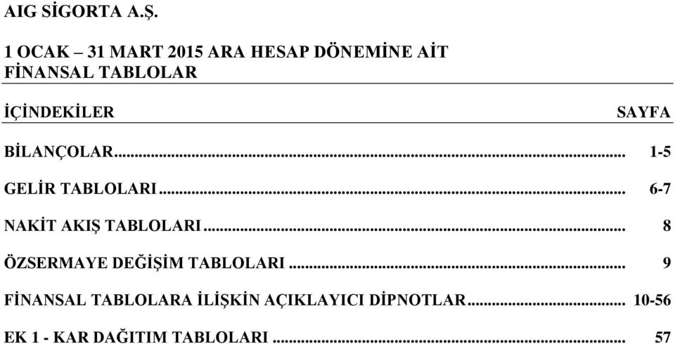 .. 1-5 GELİR TABLOLARI... 6-7 NAKİT AKIŞ TABLOLARI.