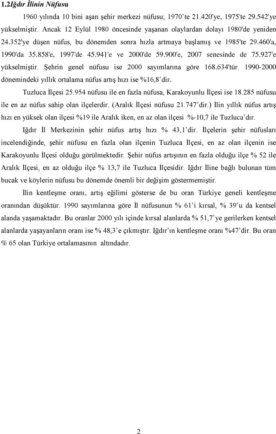 Şehrin genel nüfusu ise 2000 sayımlarına göre 168.634'tür. 1990-2000 dönemindeki yıllık ortalama nüfus artış hızı ise %16,8 dir. Tuzluca İlçesi 25.