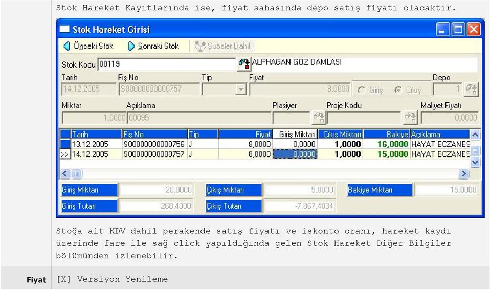 Stoğa ait KDV dahil perakende satış fiyatı ve iskonto oranı, hareket