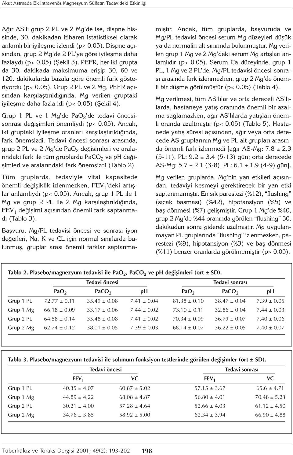 dakikalarda bazala göre önemli fark gösteriyordu (p< 0.05). Grup 2 PL ve 2 Mg, PEFR açısından karşılaştırıldığında, Mg verilen gruptaki iyileşme daha fazla idi (p< 0.05) (Şekil 4).