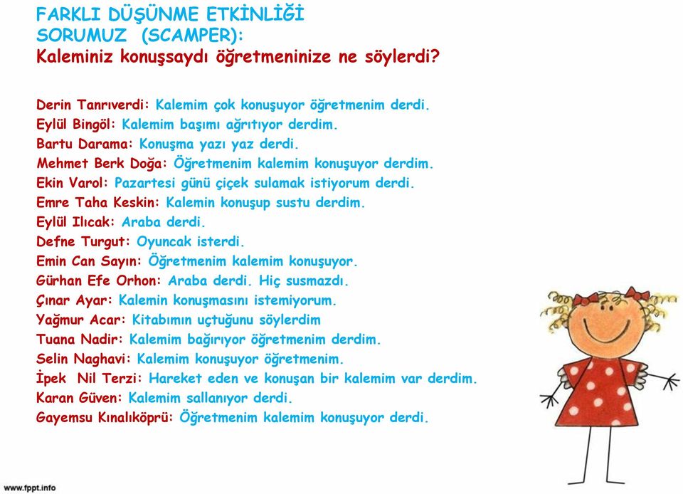 Eylül Ilıcak: Araba derdi. Defne Turgut: Oyuncak isterdi. Emin Can Sayın: Öğretmenim kalemim konuşuyor. Gürhan Efe Orhon: Araba derdi. Hiç susmazdı. Çınar Ayar: Kalemin konuşmasını istemiyorum.