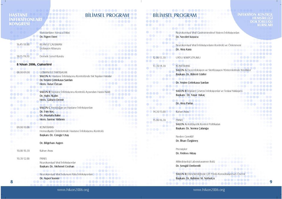 Yeşim Çetinkaya Şardan Hem. Asiye Özcan SALON B Hastane İnfeksiyonu Kontrolü Açısından Hasta Nakli Dr. Halis Akalın Hem. Gülşen Demir SALON C Yenidoğan ve Hastane İnfeksiyonları Dr. Esin Koç Dr.