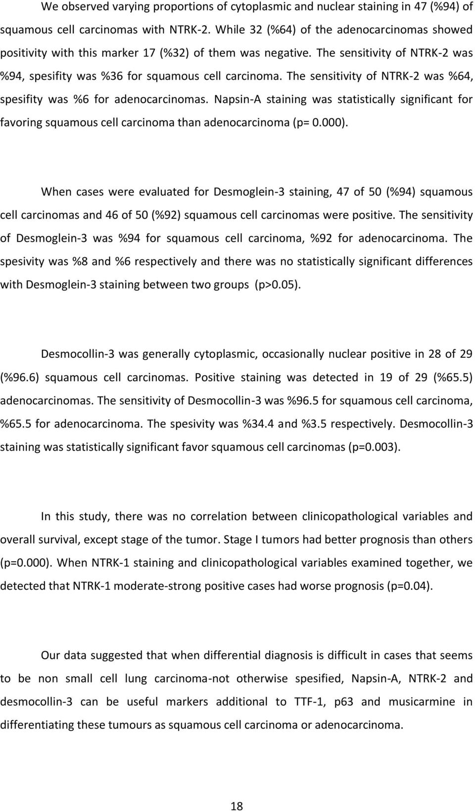 The sensitivity of NTRK-2 was %64, spesifity was %6 for adenocarcinomas. Napsin-A staining was statistically significant for favoring squamous cell carcinoma than adenocarcinoma (p= 0.000).