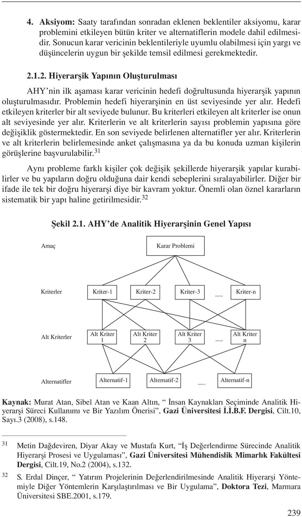 1.2. Hiyerarşik Yapının Oluşturulması AHY nin ilk aşaması karar vericinin hedefi doğrultusunda hiyerarşik yapının oluşturulmasıdır. Problemin hedefi hiyerarşinin en üst seviyesinde yer alır.