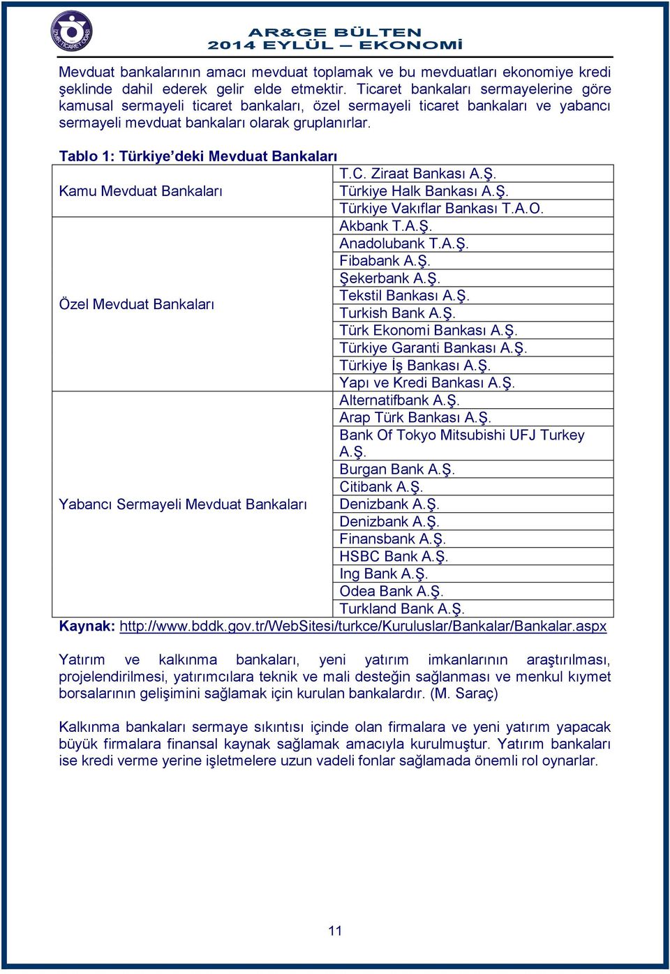 Tablo 1: Türkiye deki Mevduat Bankaları T.C. Ziraat Bankası A.Ş. Kamu Mevduat Bankaları Türkiye Halk Bankası A.Ş. Türkiye Vakıflar Bankası T.A.O. Akbank T.A.Ş. Anadolubank T.A.Ş. Fibabank A.Ş. Şekerbank A.