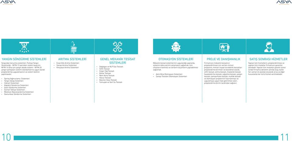 - Spring Yağmurlama Sistemleri - Yangın Dolap Sistemleri - Hidrant Sistemleri - Köpüklü Söndürme Sistemleri - Gazlı Söndürme Sistemleri - Duman Tahliye Sistemleri - Merdiven Basınçlandırma Sistemleri