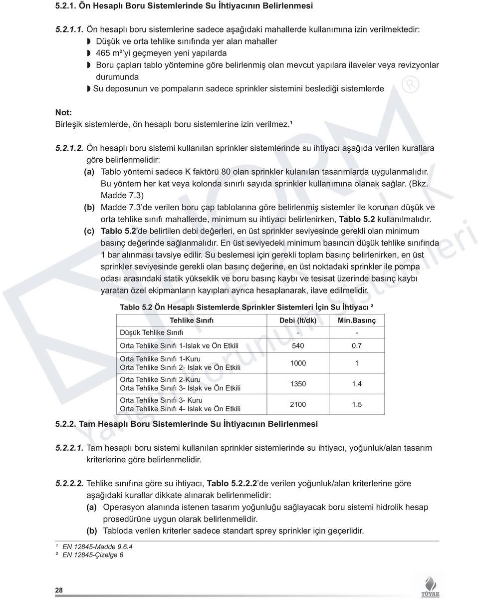 Ön hesaplı boru sistemlerine sadece aşağıdaki mahallerde kullanımına izin verilmektedir: Düşük ve orta tehlike sınıfında yer alan mahaller 465 m² yi geçmeyen yeni yapılarda Boru çapları tablo