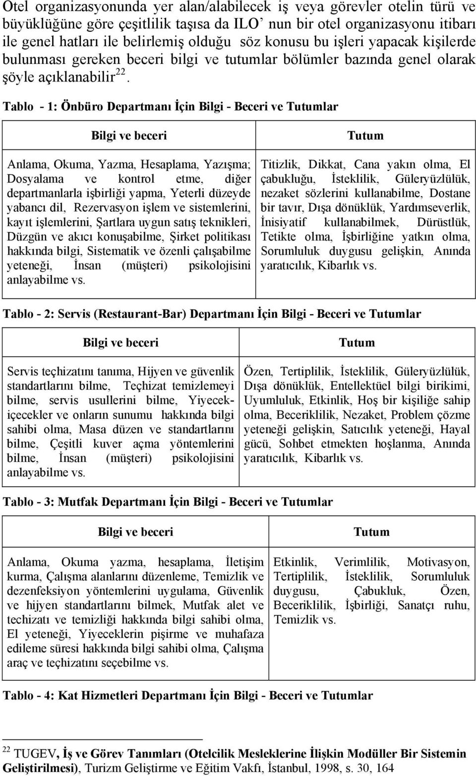 Tablo - 1: Önbüro Departmanı İçin Bilgi - Beceri ve Tutumlar Bilgi ve beceri Tutum Anlama, Okuma, Yazma, Hesaplama, Yazışma; Dosyalama ve kontrol etme, diğer departmanlarla işbirliği yapma, Yeterli