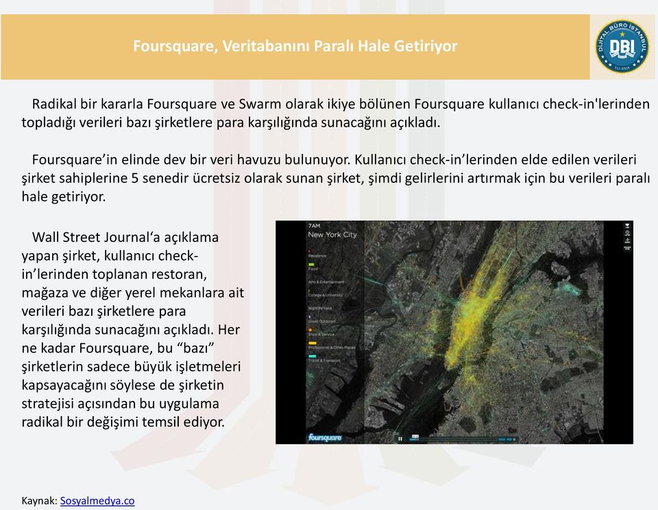 Kullanıcı check-in lerinden elde edilen verileri şirket sahiplerine 5 senedir ücretsiz olarak sunan şirket, şimdi gelirlerini artırmak için bu verileri paralı hale getiriyor.