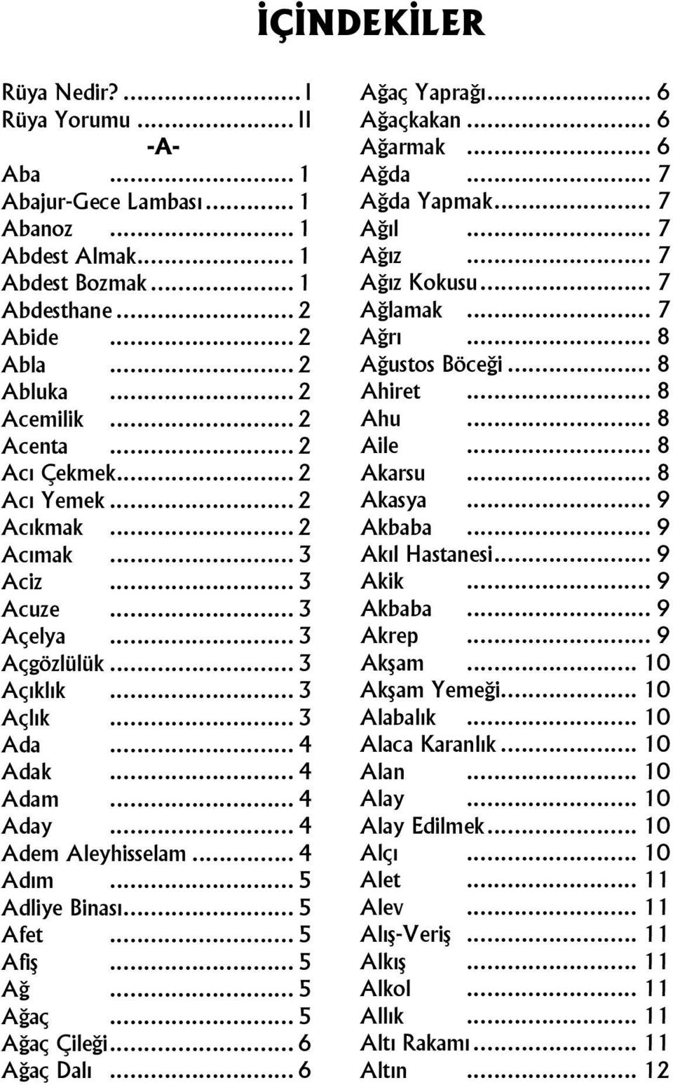 .. 8 Acı Çekmek... 2 Akarsu... 8 Acı Yemek... 2 Akasya... 9 Acıkmak... 2 Akbaba... 9 Acımak... 3 Akıl Hastanesi... 9 Aciz... 3 Akik... 9 Acuze... 3 Akbaba... 9 Açelya... 3 Akrep... 9 Açgözlülük.