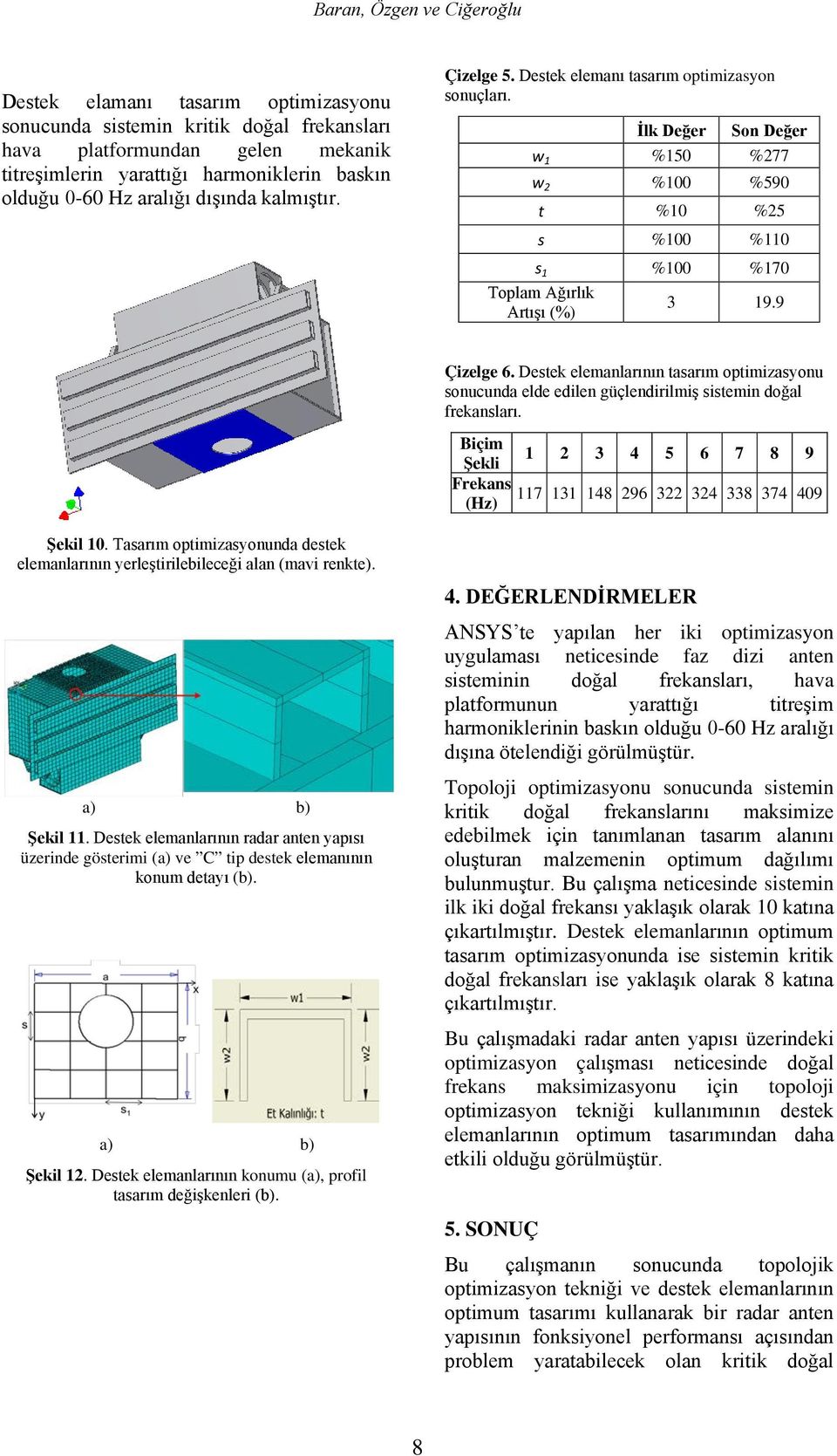 Destek elemanlarının tasarım optimizasyonu sonucunda elde edilen güçlendirilmiş sistemin doğal frekansları. Biçim 1 2 3 4 5 6 7 8 9 Şekli Frekans 117 131 148 296 322 324 338 374 409 (Hz) Şekil 10.