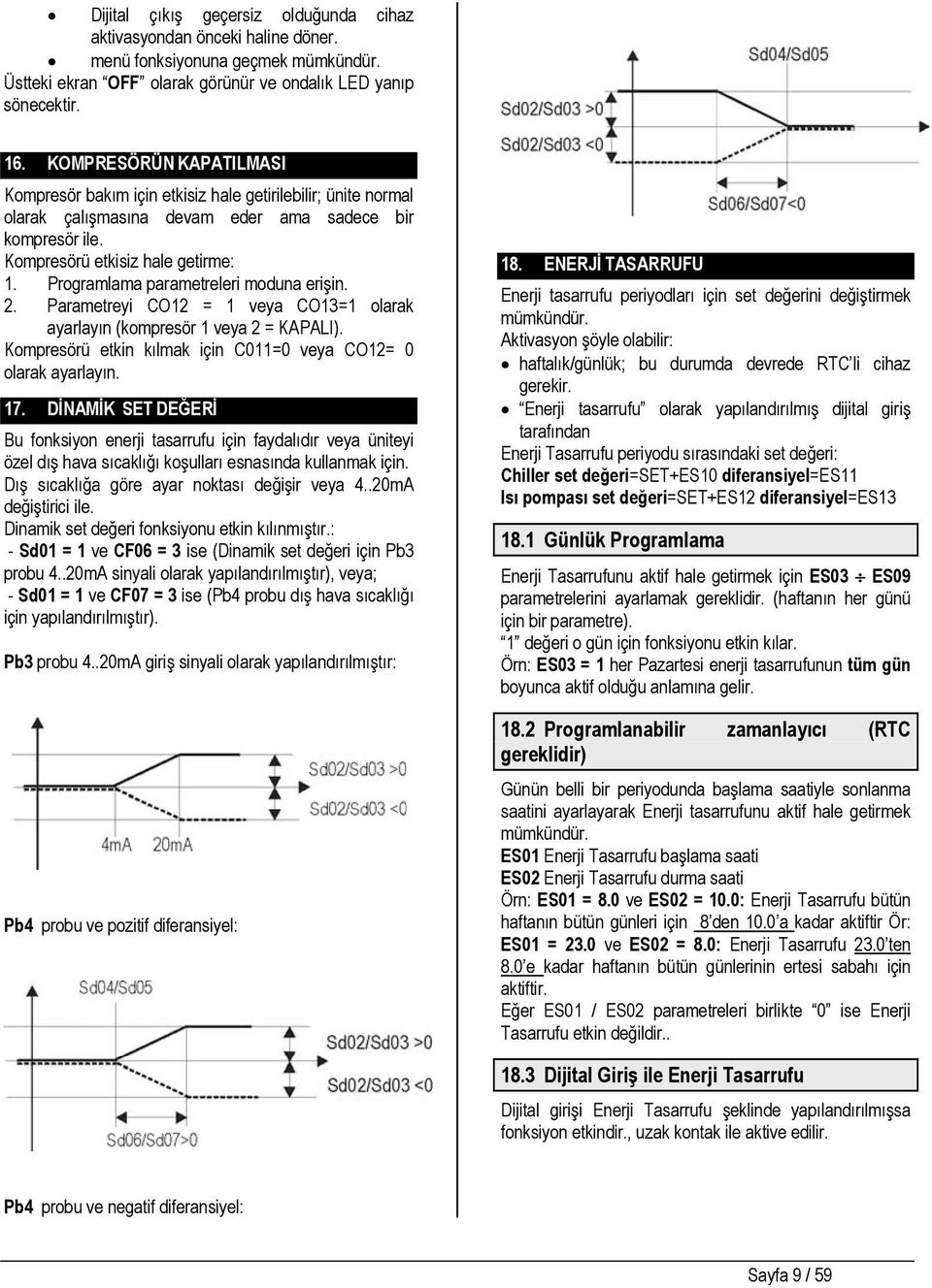 Programlama parametreleri moduna erişin. 2. Parametreyi CO12 = 1 veya CO13=1 olarak ayarlayın (kompresör 1 veya 2 = KAPALI). Kompresörü etkin kılmak için C11= veya CO12= olarak ayarlayın. 17.