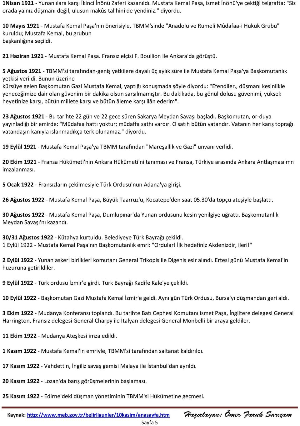 Fransız elçisi F. Boullion ile Ankara'da görüştü. 5 Ağustos 1921 - TBMM'si tarafından-geniş yetkilere dayalı üç aylık süre ile Mustafa Kemal Paşa'ya Başkomutanlık yetkisi verildi.