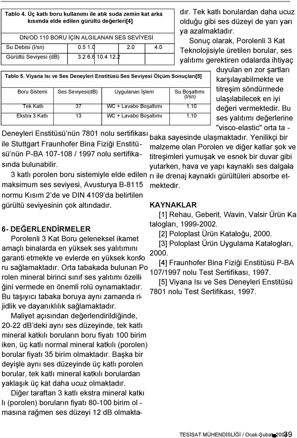 Viyana Isı ve Ses Deneyleri Enstitüsü Ses Seviyesi Ölçüm Sonuçları[5] Boru Sistemi Ses Seviyesi(dB) Uygulanan Đşlem Su Boşaltımı (l/sn) Tek Katlı 37 WC + Lavabo Boşaltımı 1.