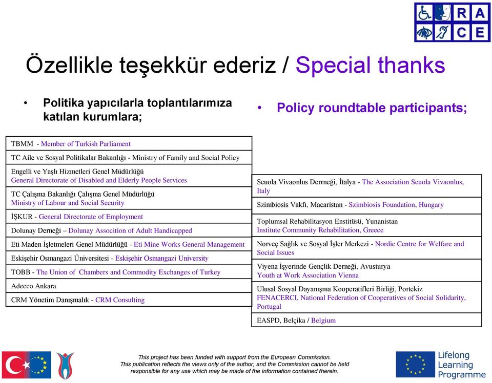 Ministry of Labour and Social Security İŞKUR - General Directorate of Employment Dolunay Derneği Dolunay Assocition of Adult Handicapped Eti Maden İşletmeleri Genel Müdürlüğü - Eti Mine Works General