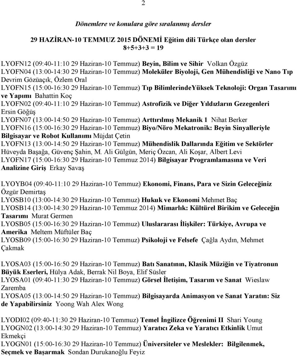 Teknoloji: Organ Tasarımı ve Yapımı Bahattin Koç LYOFN02 (09:40-11:10 29 Haziran-10 Temmuz) Astrofizik ve Diğer Yıldızların Gezegenleri Ersin Göğüş LYOFN07 (13:00-14:50 29 Haziran-10 Temmuz)